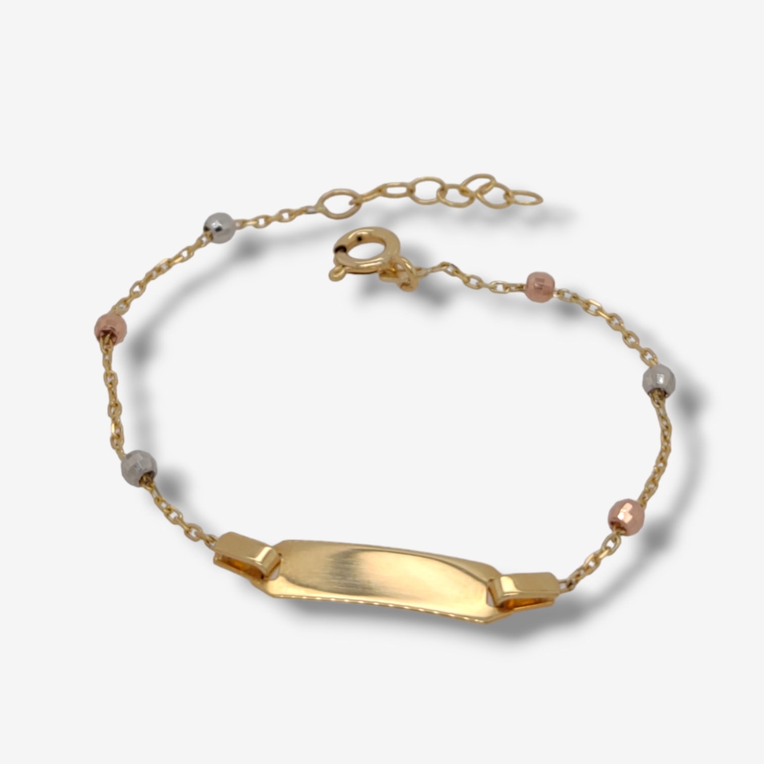 Photoroom-20240722_141822.png Brazalete (15.5 cm) Esclava Placa ID Tejido Cable c/ Esferas Diamantadas- Oro Tres Tonos 14Kts - Image 1