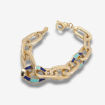 Brazalete (19.5 cm) Eslabones Ovalados Puff c/ 2 Eslabones Esmaltados Turquesa & Azul - Oro Amarillo 14Kts