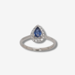 Anillo Zafiro Azul Gota (0.43 Ct) c/ Halo de Diamantes Pave (0.19 Ct) - Oro Blanco 18Kts