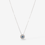 Cadena (45 cm) Fina Cable c/ Zafiro Azul Redondo (8 mm) & Halo c/ Diamantes Pave - Oro Blanco14Kts