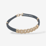 Brazalete (21 cm) c/ Caucho Negro & Placa Tejido Monaco Rigido (9 x 45 mm) & Terminales en Oro - Oro Amarillo 14Kts
