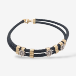 Brazalete (21 cm) Caucho Negro Tejido c/ Conectores Acanalados & Timones c/ Cierre Lobster - Oro Dos Tonos 14Kts