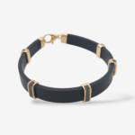 Brazalete (21 cm) Caucho Plano c/ 6 Conectores c/ Zircones Negros & Terminales en Oro - Oro Amarillo 14Kts