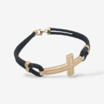 Brazalete (21 cm) Caucho Negro c/ Cruz Grande & Terminales en Oro & Cierre Lobster - Oro Amarillo 14Kts